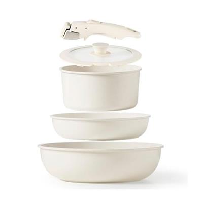 CAROTE Juego/kit 5 piezas de ollas y sartenes antiadherentes con mango desmontable. BLANCO