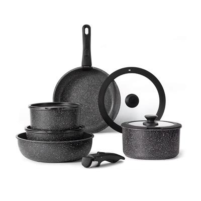 CAROTE Juego/kit 11 piezas de ollas y sartenes antiadherentes con mango desmontable. Negro