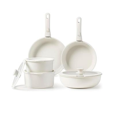 CAROTE Juego/kit 11 piezas de ollas y sartenes antiadherentes con mango desmontable. Blanco